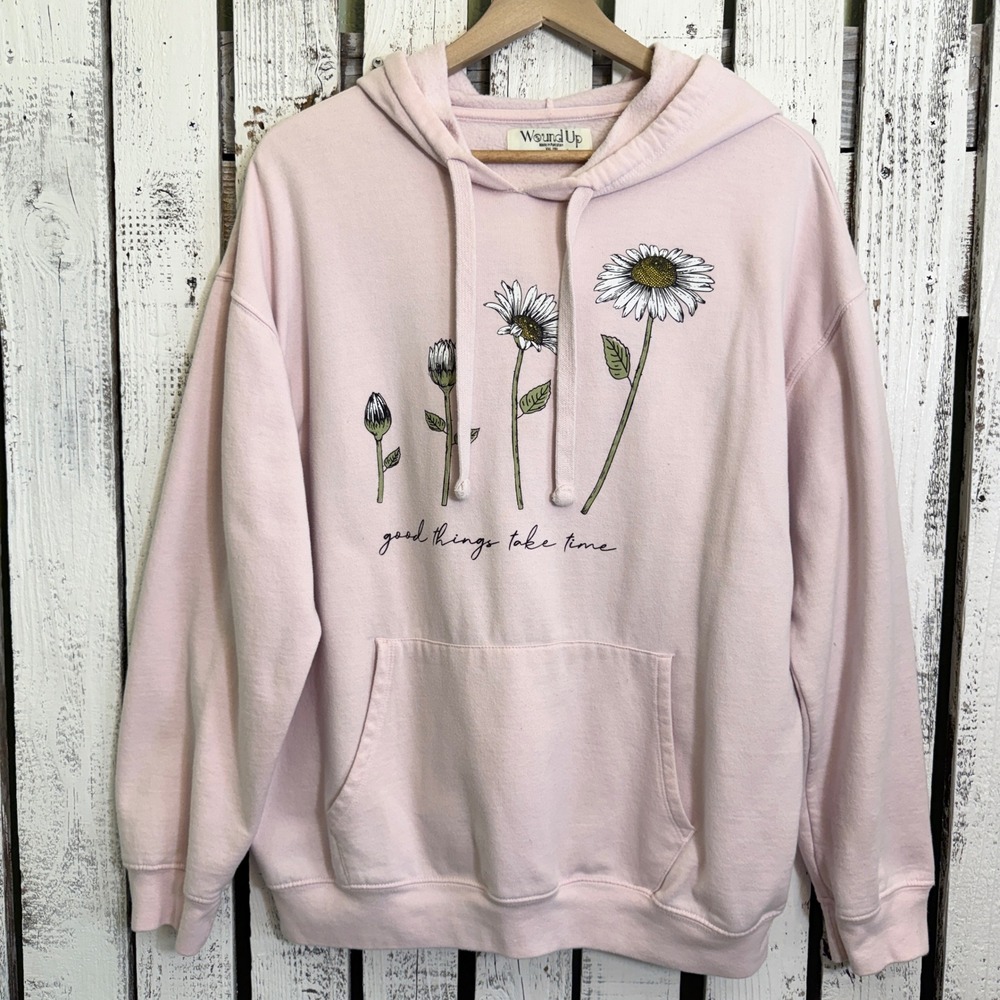 Wound Up Womens XXL Pink Daisy Hoodie "Good Things Take Time" Floral Pullover